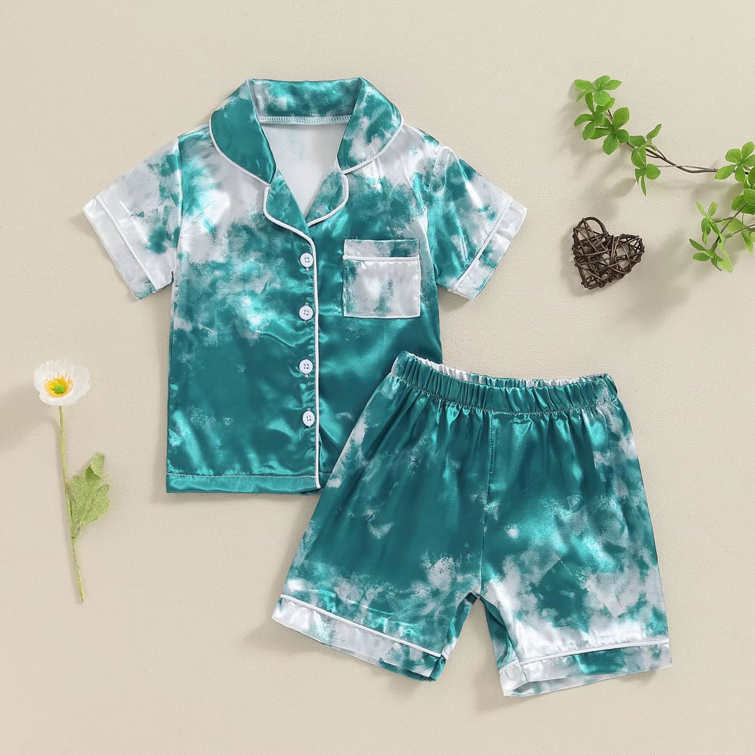 Kids Boys Girls Pajama Sets Satin Silk Summer Toddler Sleepwear Short Sleeve Dye Print Shirt Shorts Baby Pyjama Set