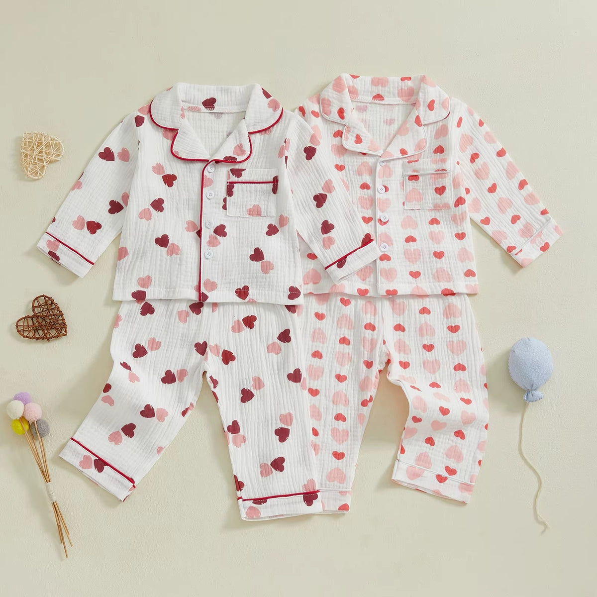 Soft Cotton Kids Girls Pajamas Set Spring Fall Casual Sleepwear Heart Print Long Sleeve Shirt with Pants Nightwears