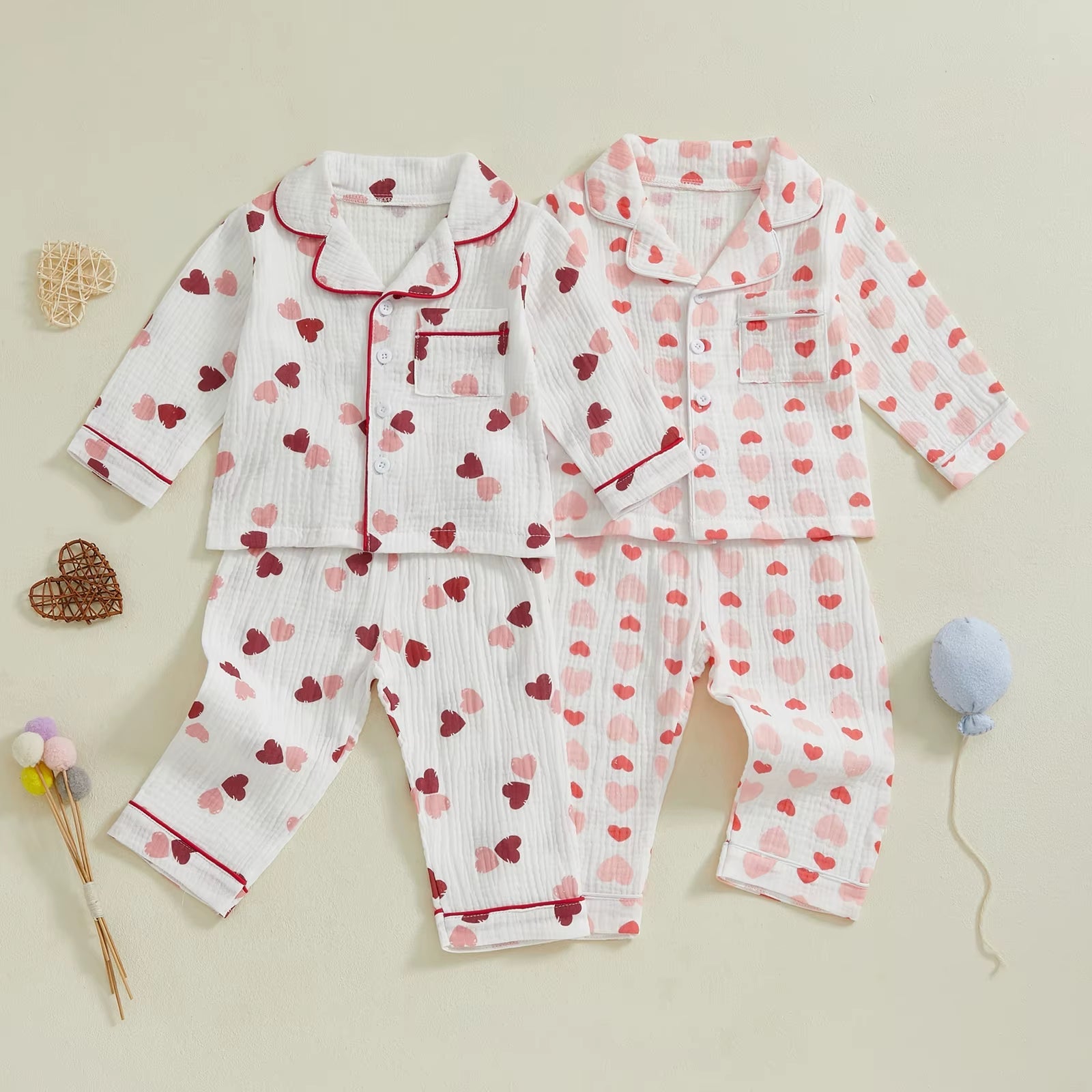 Soft Cotton Kids Girls Pajamas Set Spring Fall Casual Sleepwear Heart Print Long Sleeve Shirt with Pants Nightwears